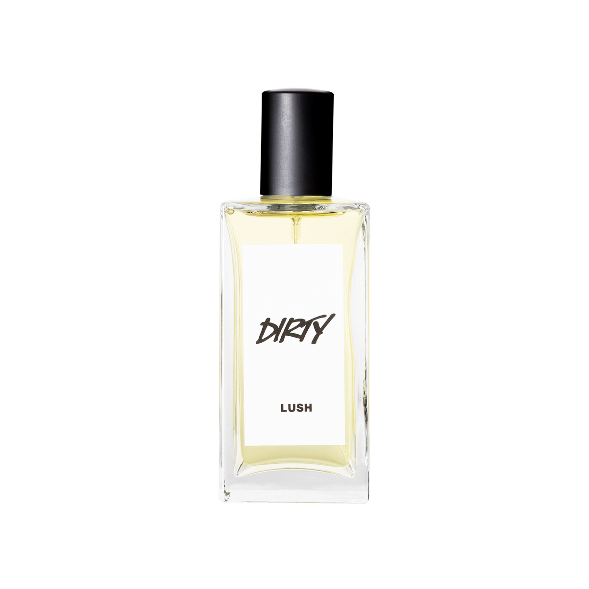 A glass perfume bottle filled with ivory coloured liquid. A white label reads 'Dirty'.