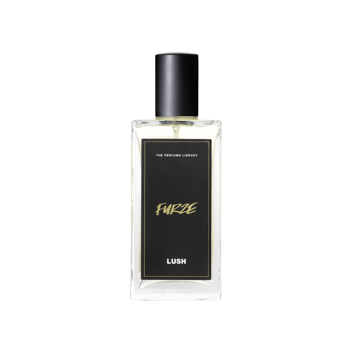A glass perfume bottle filled with almost colourless liquid. A black label reads 'The Perfume Library' and 'Furze'.