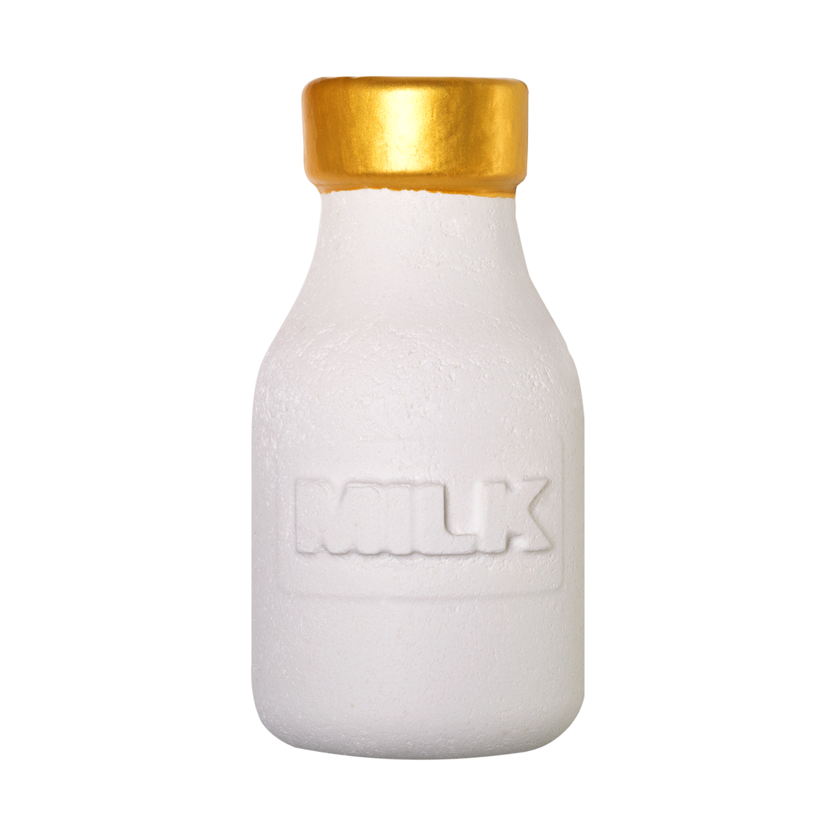 Milky Bottle Bubble Bar. A white milk bottle design with the word MILK raised on the front and a golden cap on top.