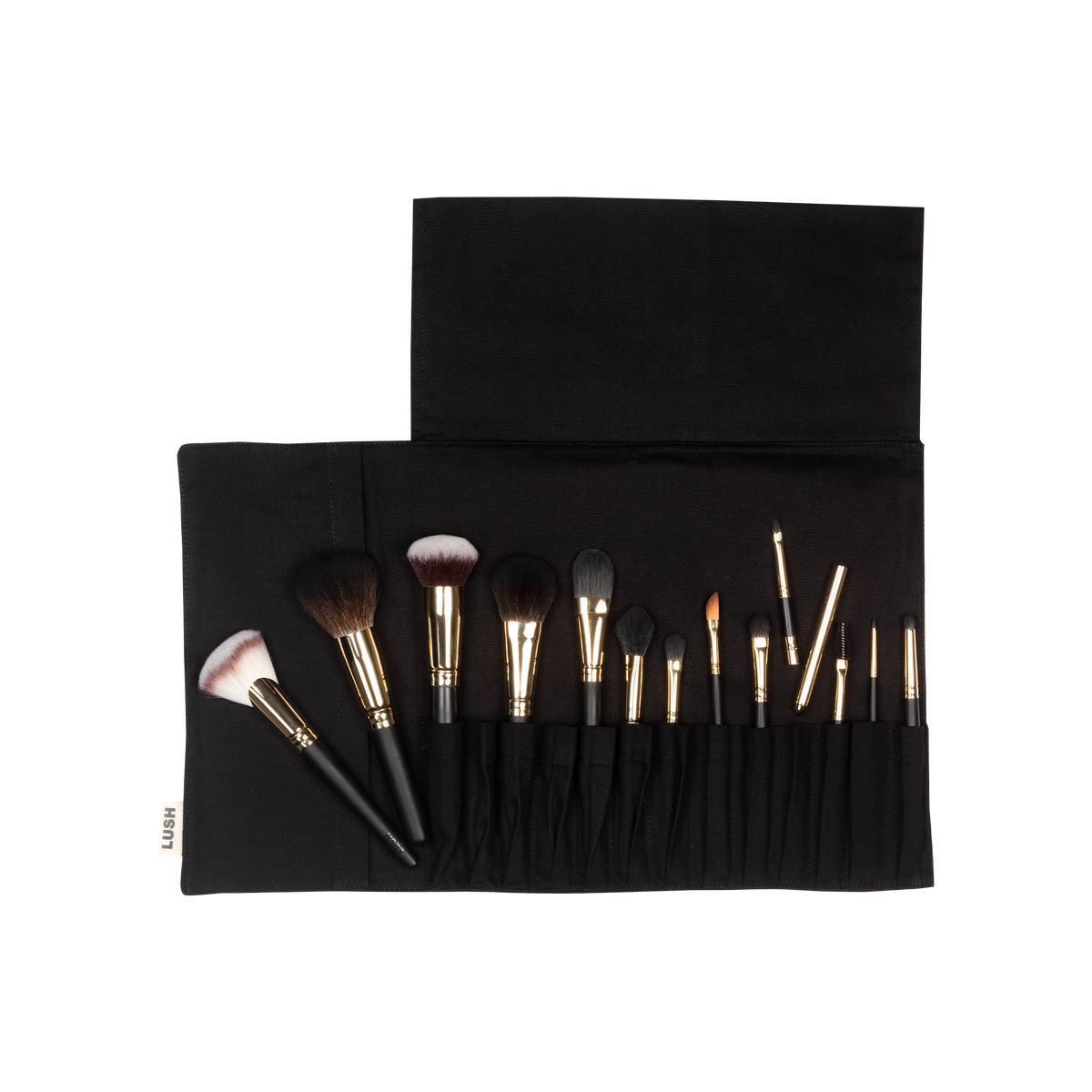 Roll With It Brush Set. A set of 13 handmade vegan make up brushes, wrapped up in a black, organic cotton storage wrap.